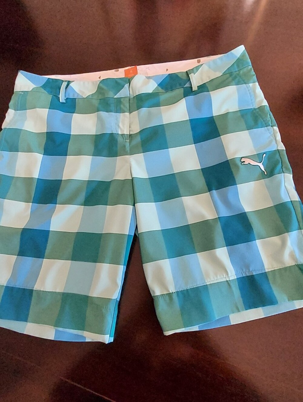 Puma: Men's Premier Sport Lifestyle Teal Plaid Golf Shorts. Sz. 38/ 9.5 Inseam